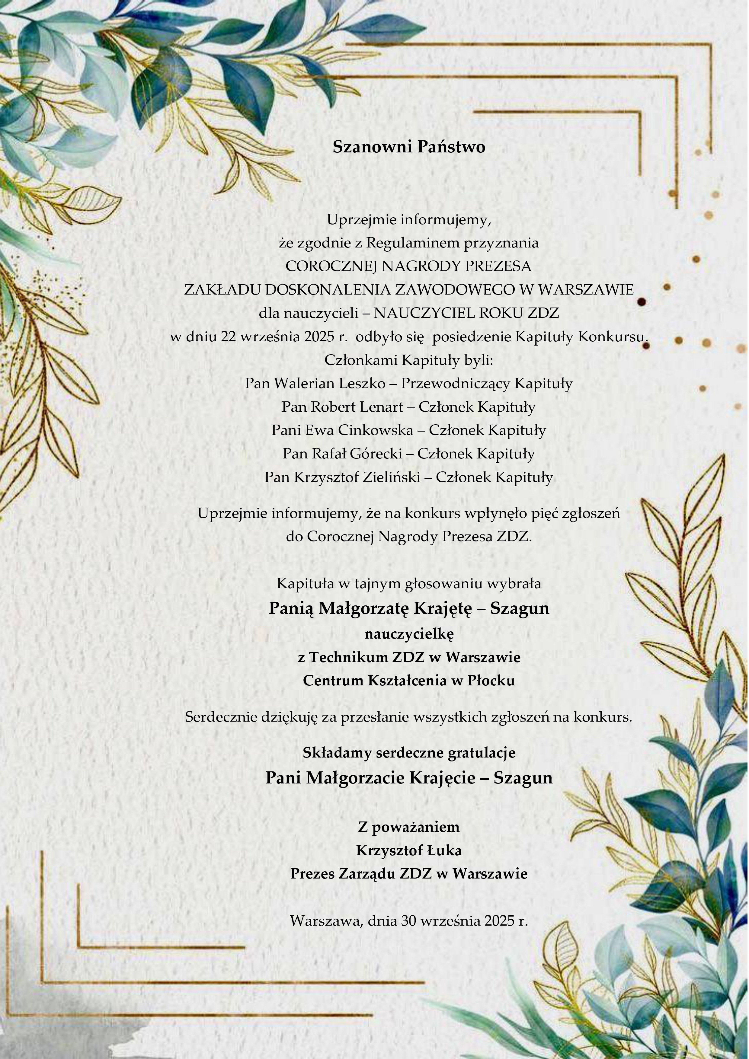 WYNIKI NAUCZYCIEL ROKU ZDZ page 0001